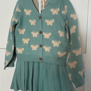Children's Butterfly Knit Cardigan & Skirt Set - Seafoam Green